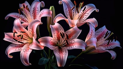 Beautiful lily flowers on a black background. Mother's day concept with a space for a text. Valentine day concept with a copy space.