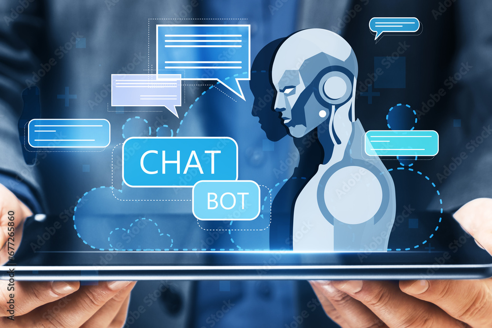 Poster close up of businessman hand holding tablet with creative glowing robot and chat ai hologram on blue