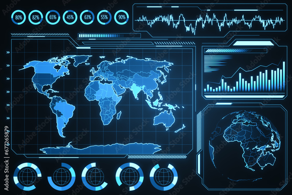 Poster glowing digital business charts and map interface on blurry blue background. military control, warfa