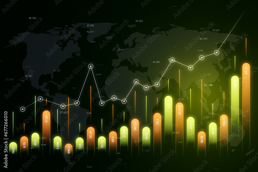 Poster Glowing financial bar charts with world map backdrop. 3D Rendering