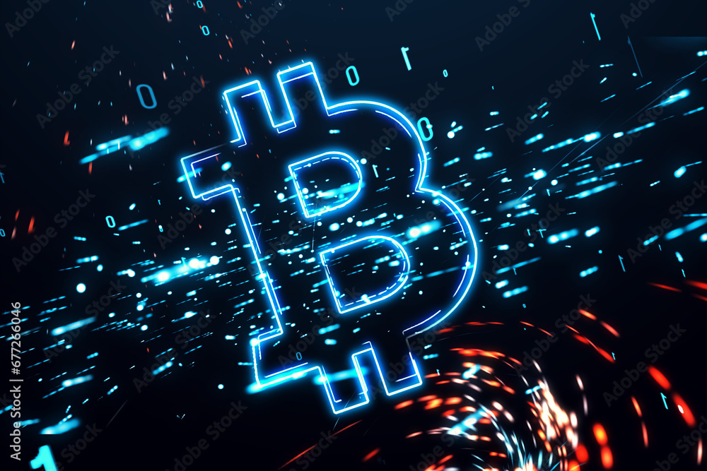 Poster Bitcoin sign on abstract background. Cryptocurrency concept. 3D Rendering