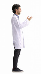 male doctor in a white coat on a white background in profile with his hands folded together