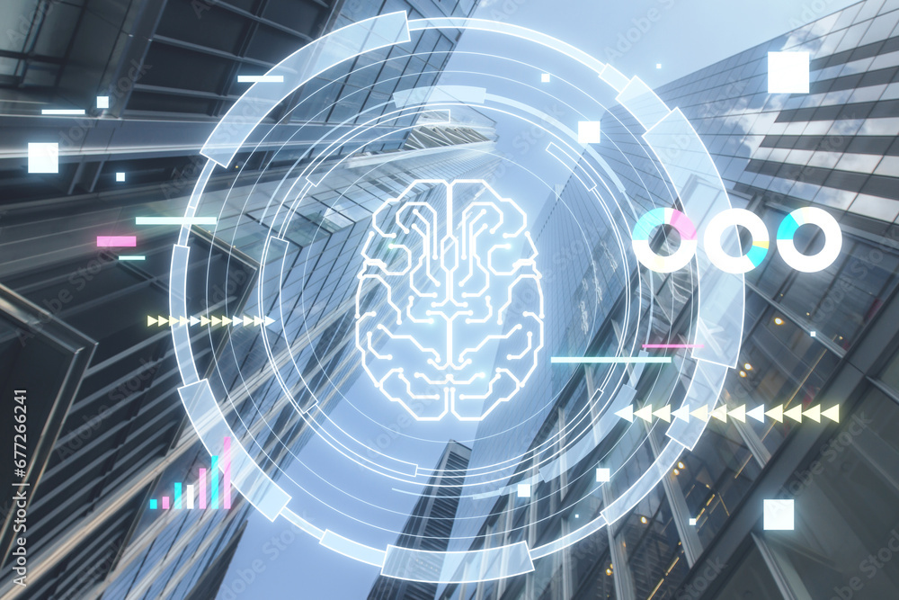 Poster creative glowing round brain hologram on blurry bright city backdrop. artificial intelligence, chat 