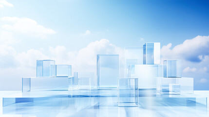 Creative abstract podium, empty stage from transparent volumetric figures, blue background with clouds