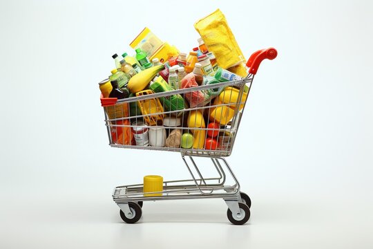 View yellow shopping cart filled with packaging groceries, low carmera angle, frog perspective, white background