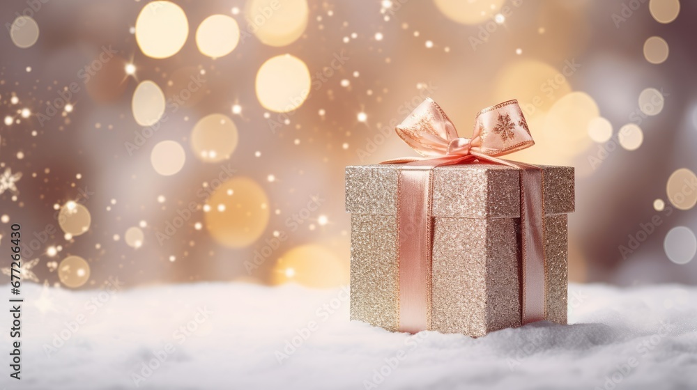 Poster a gold gift box with a bow on top of it in the snow with a boke of lights in the background and snow