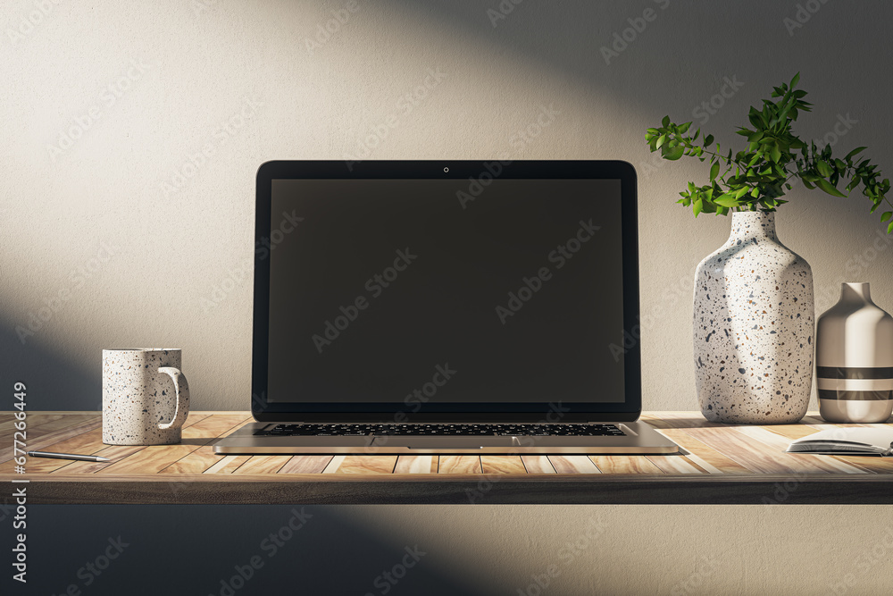 Poster close up of creative designer desktop with empty laptop screen, coffee cup, supplies and other items