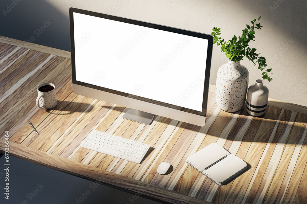 Poster Close up of creative designer table with empty computer screen, coffee cup, supplies and other items on concrete wall background. Workspace concept. Mock up, 3D Rendering.