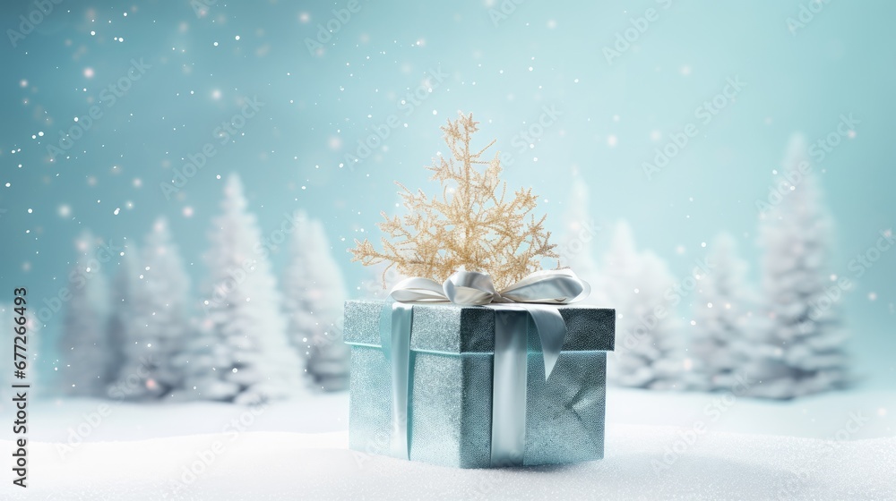 Poster a blue gift box with a white ribbon and a bow on top of it in front of a snowy scene with fir trees 