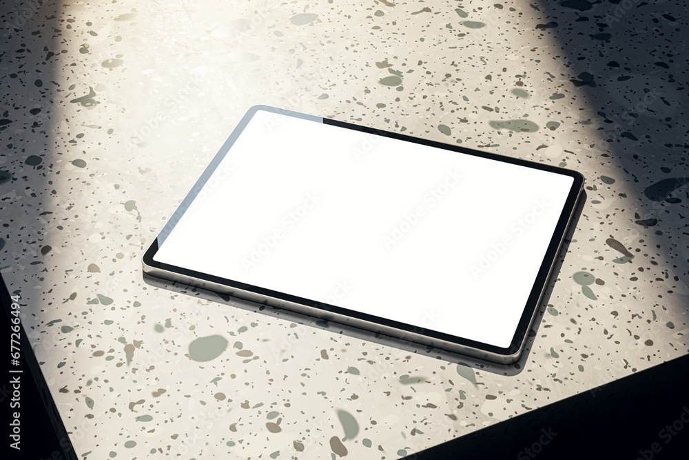 Poster Close up of empty white tablet on spotted table. Mock up, 3D Rendering.