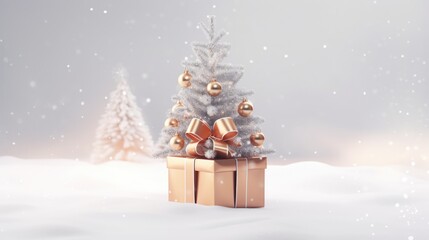  a small christmas tree with gold and silver presents in front of a snowy scene with a silver and...