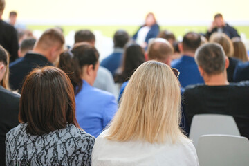 Business woman and people Listening on The Conference. Horizontal Image