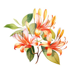 Red Orange Honeysuckle Flower Botanical Watercolor Painting Illustration