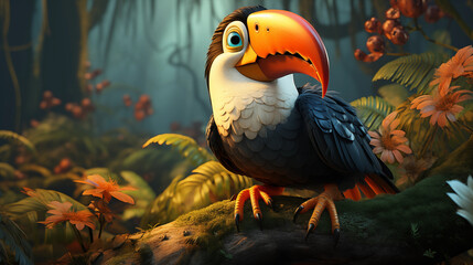 Tucano fofo na floresta tropical - Ilustração infantil 3d