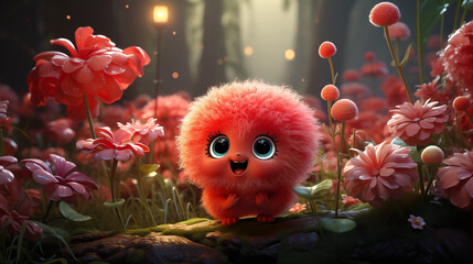 Obraz na płótnie Canvas Personagem bolinha vermelha, feliz e fofa na floresta com flores vermelhas - Ilustração infantil 3d