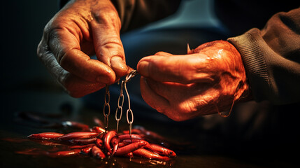 Close-up of male hands putting bait on hook to catch fish with fishing rod.Generative AI - obrazy, fototapety, plakaty