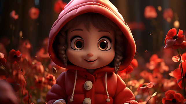 Menina fofa com capuz vermelho na floresta com flores vermelhas - Ilustração infantil 3d
