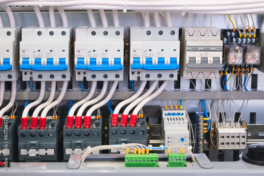 Poster Voltage switchboard with circuit breakers. Electrical concept background