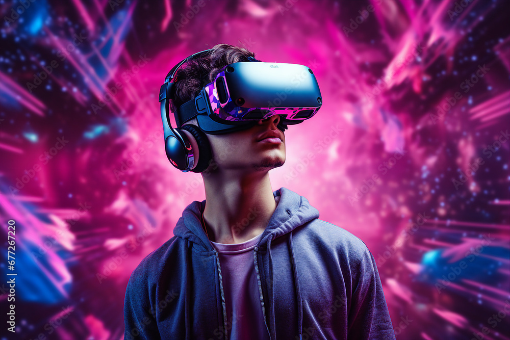 Poster modern technology user in vr headset goggles watching virtual reality metaverse tech future progress