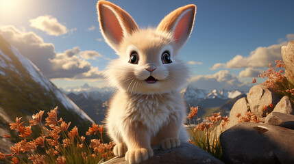 Filhote de coelho branco fofo na montanha - Ilustração infantil 3D