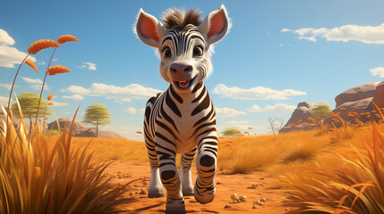 Filhote de zebra fofa na planice - Ilustração infantil 3d 