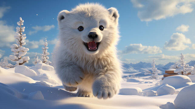 Filhote de urso polar fofo e feliz na neve - Ilustração infantil 3d