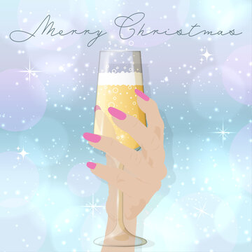 Hand with a glass of champagne. Merry Christmas. Flat illustration of a woman's hand with a glass of champagne on a bright background. Vector illustration.