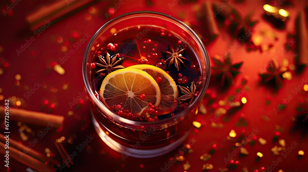 Aufkleber a close up of a drink in a glass with a slice of lemon on the top of the glass and a cinnamon stick 