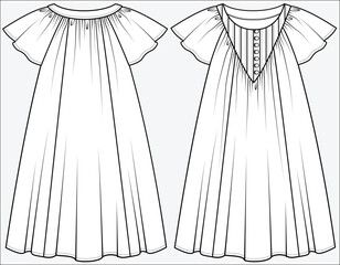 FLUTTER SLEEVES A LINE DRESS WITH PINTUCKS BIB DETAIL  DESIGNED FOR TEEN GIRL, TWEEN GIRLS AND KID GIRLS IN  VECTOR ILLUSTRATION