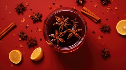  an overhead view of a cup of tea with star anise on a red surface surrounded by cinnamons, orange slices, and star anise star anise.  generative ai
