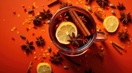  an overhead view of a cup of tea with cinnamons, lemons, and star anise on a red background with cloves and star anise.  generative ai