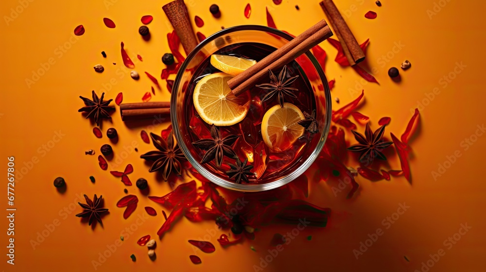 Poster an overhead view of a drink in a glass surrounded by cinnamon sticks and star anise on an orange bac
