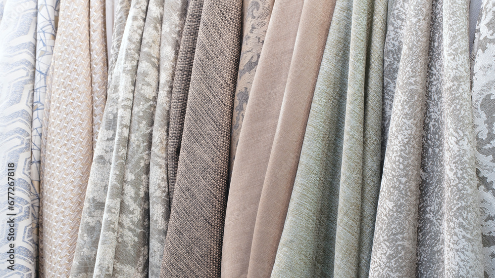 Poster mix colorful hanging vertical stripe textile, fabrics, cloths on the rack. texture of multicolored f