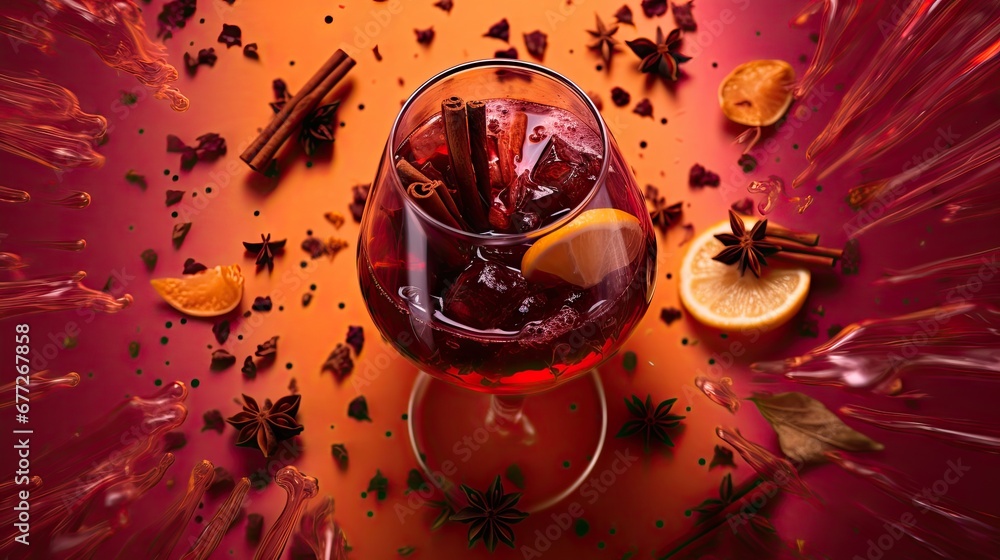 Poster a close up of a glass of wine on a table with oranges and cinnamons around it and a cinnamon stick s
