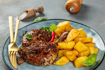 Cooked duck leg with potatoes. banner, menu, recipe copy space, top view