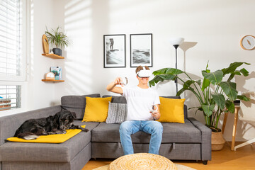 Digital Entertainment: Man Enjoying VR in Cozy Living Room Space