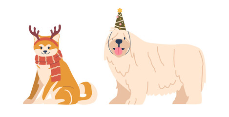 Adorable Christmas Komondor And Shiba Inu Dogs, Adorned In Festive Hats, Scarf And Deer Antlers, Spread Holiday Cheer