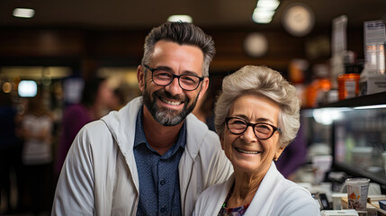 Mature male apothecary and an elderly female pharmacist, happy colleagues smile and look at the camera in pharmacy room. National Pharmacist Day - obrazy, fototapety, plakaty