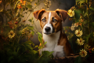 Generative AI picture of funny happy dog pet sitting in flowers nature autumn farm garden colorful image