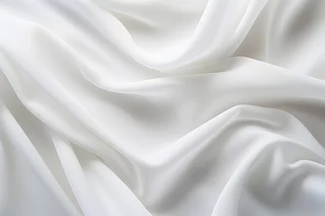 Foto op Plexiglas white luxurious background, the fabric lies in soft waves. chiffon, translucent material. top view. pleats made of light fabric. wedding backdrop. © MaskaRad
