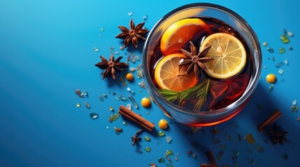  a close up of a drink in a glass with an orange slice and star anise on a blue background with cinnamons and cloves scattered around it.  generative ai