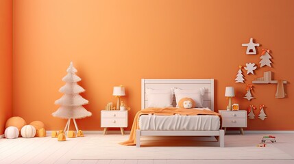  a bedroom with an orange wall and a white bed with a white headboard and foot board and a white night stand and a white dresser with a white lamp and a.  generative ai