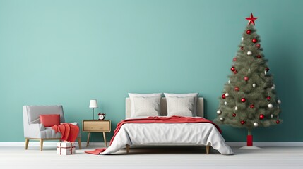  a bedroom with a christmas tree in the corner of the room and a bed in the corner of the room with a red blanket and white bedspread and pillows.  generative ai - obrazy, fototapety, plakaty