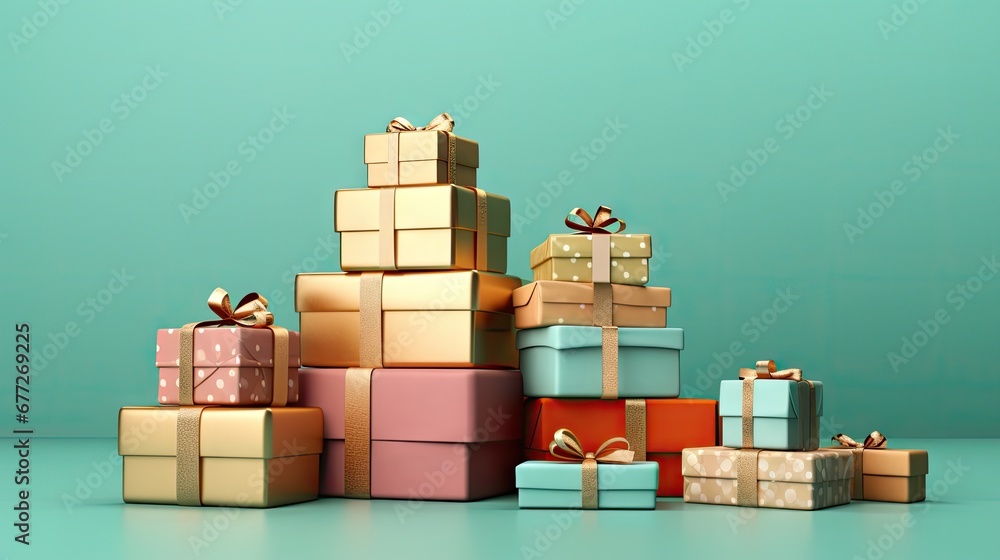 Poster a pile of wrapped presents sitting on top of a blue table next to a green wall with a bow on top of 