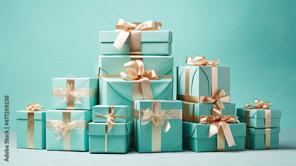 Poster a stack of blue gift boxes with gold ribbons and bows on top of each of the boxes are stacked on top