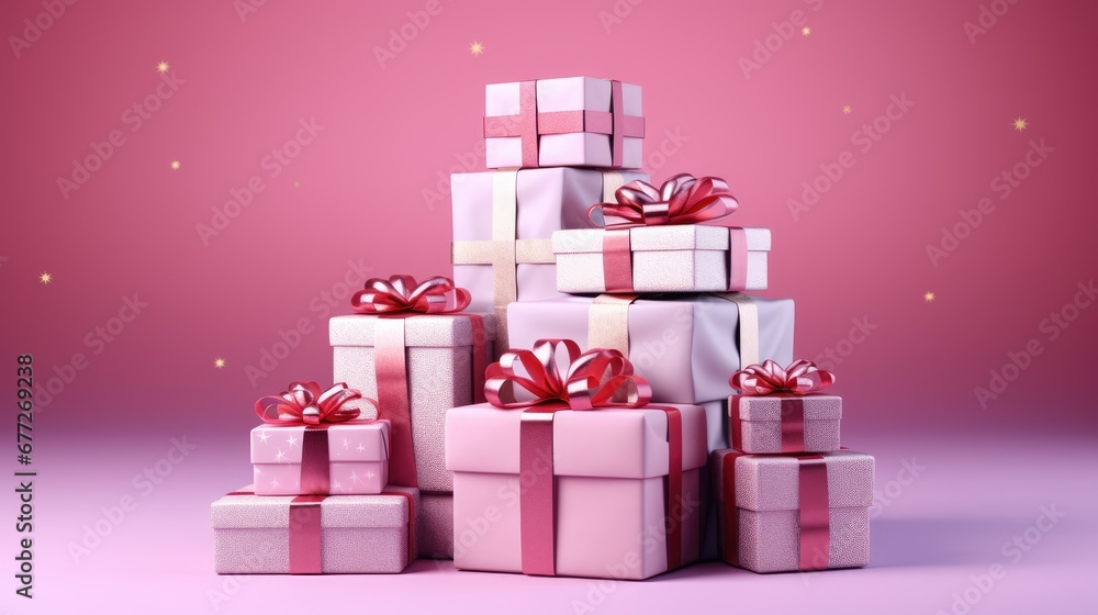 Poster a pile of pink and white gift boxes with red ribbons and bows on top of each of the boxes are stacke