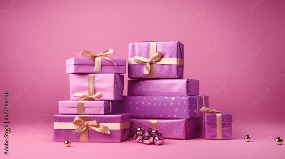 Poster a stack of purple wrapped presents with gold ribbons and bows on a pink background with a bow on the