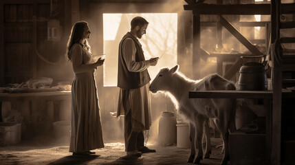 Happy man and woman farmers holding a cute goat on the background of an old farm.Generative AI