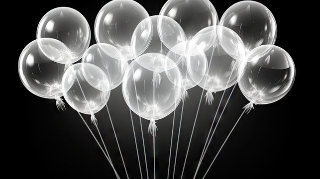  a bunch of clear balloons floating on top of each other in a black and white photo with a light reflection on the bottom of the balloons and bottom of the balloons.  generative ai