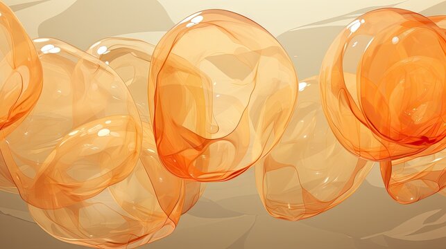  a group of orange bubbles floating on top of a brown surface next to a white and black object in the middle of the frame, with a light reflection on the bottom of the image.  generative ai